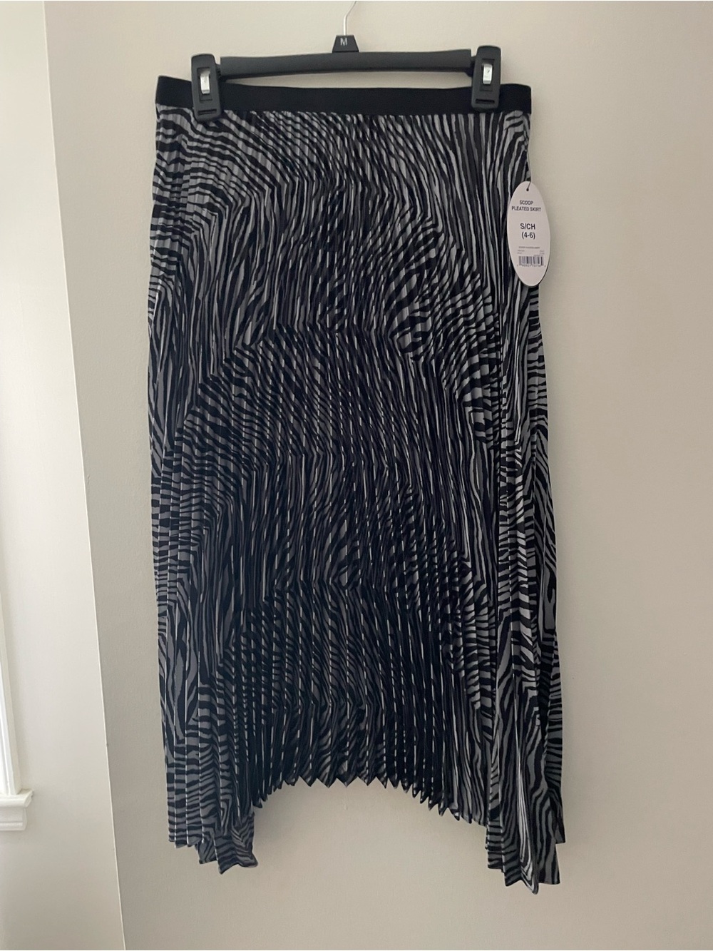 Asymmetrical Black & Gray Pleated Zebra-Print Midi Skirt